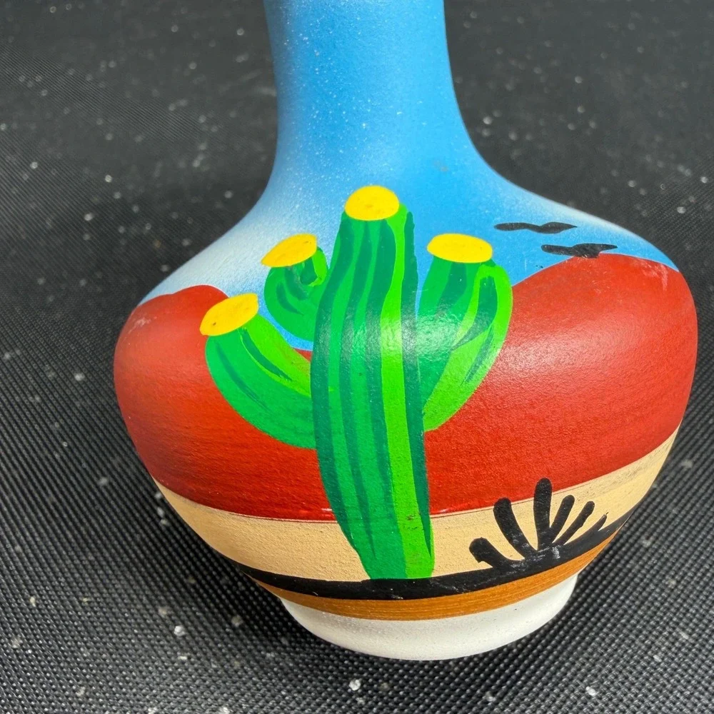 Tesa by Maack Co Desert Landscape Pottery Vase Hand Painted Cactus 5in Blue Red